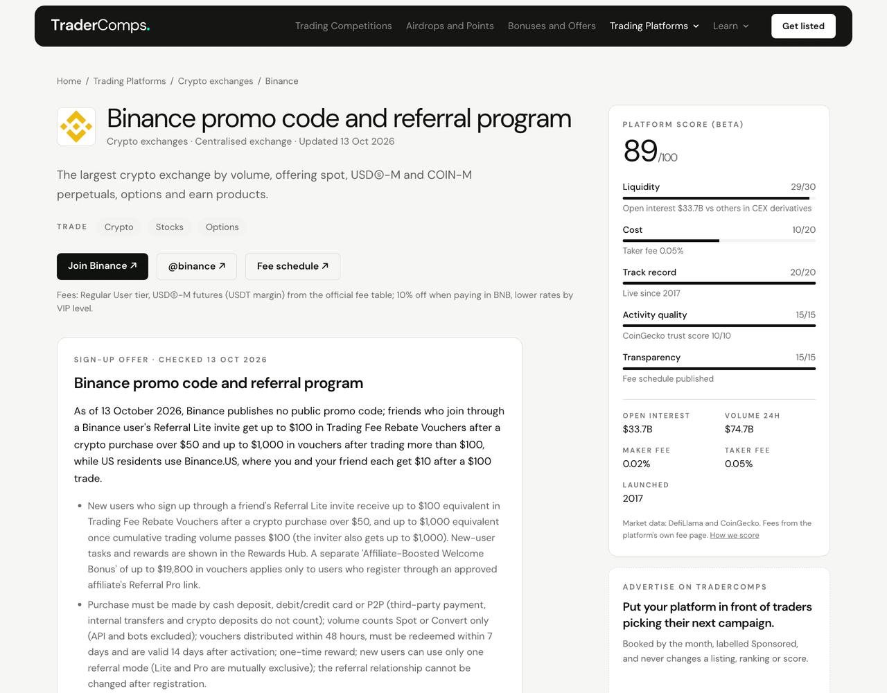 The Binance page on TraderComps: platform score, fees, sign-up offer and live campaigns