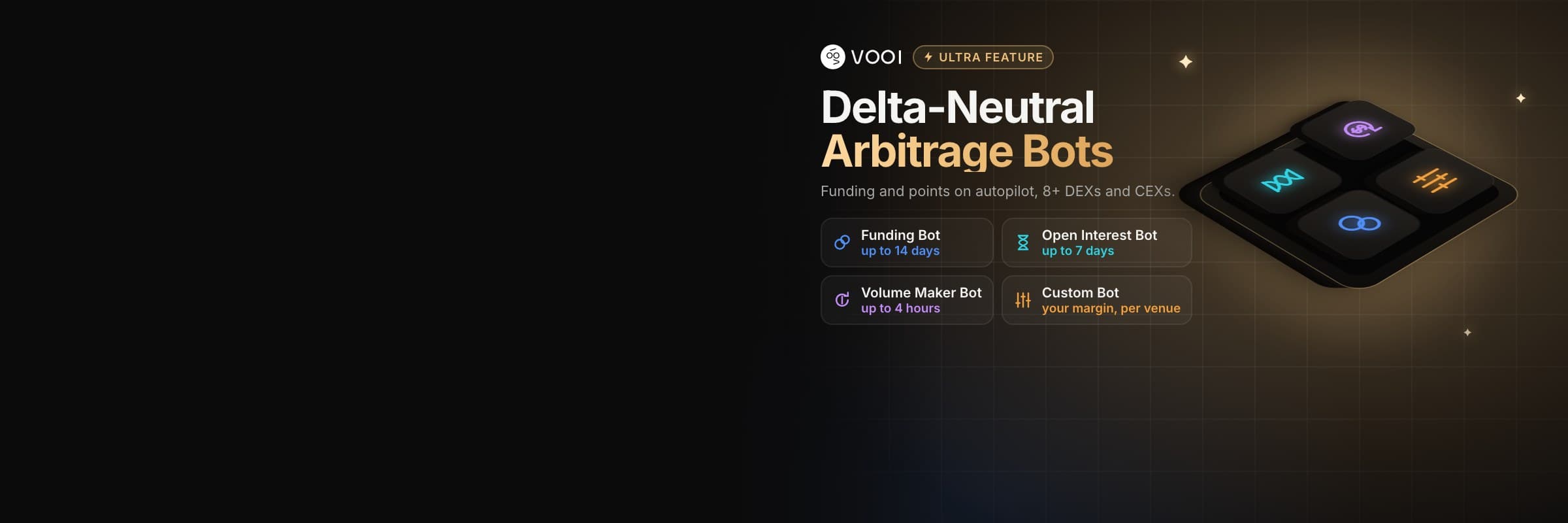 VOOI Delta-Neutral Arbitrage Bots: Funding Bot up to 14 days, Open Interest Bot up to 7 days, Volume Maker Bot up to 4 hours, Custom Bot